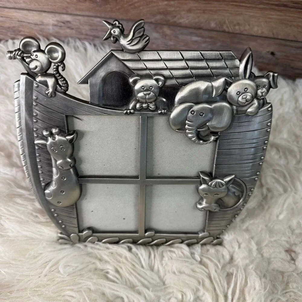 Vintage Pewter Noah’s Ark Picture Frame 4 Photo Section Animals Home Office